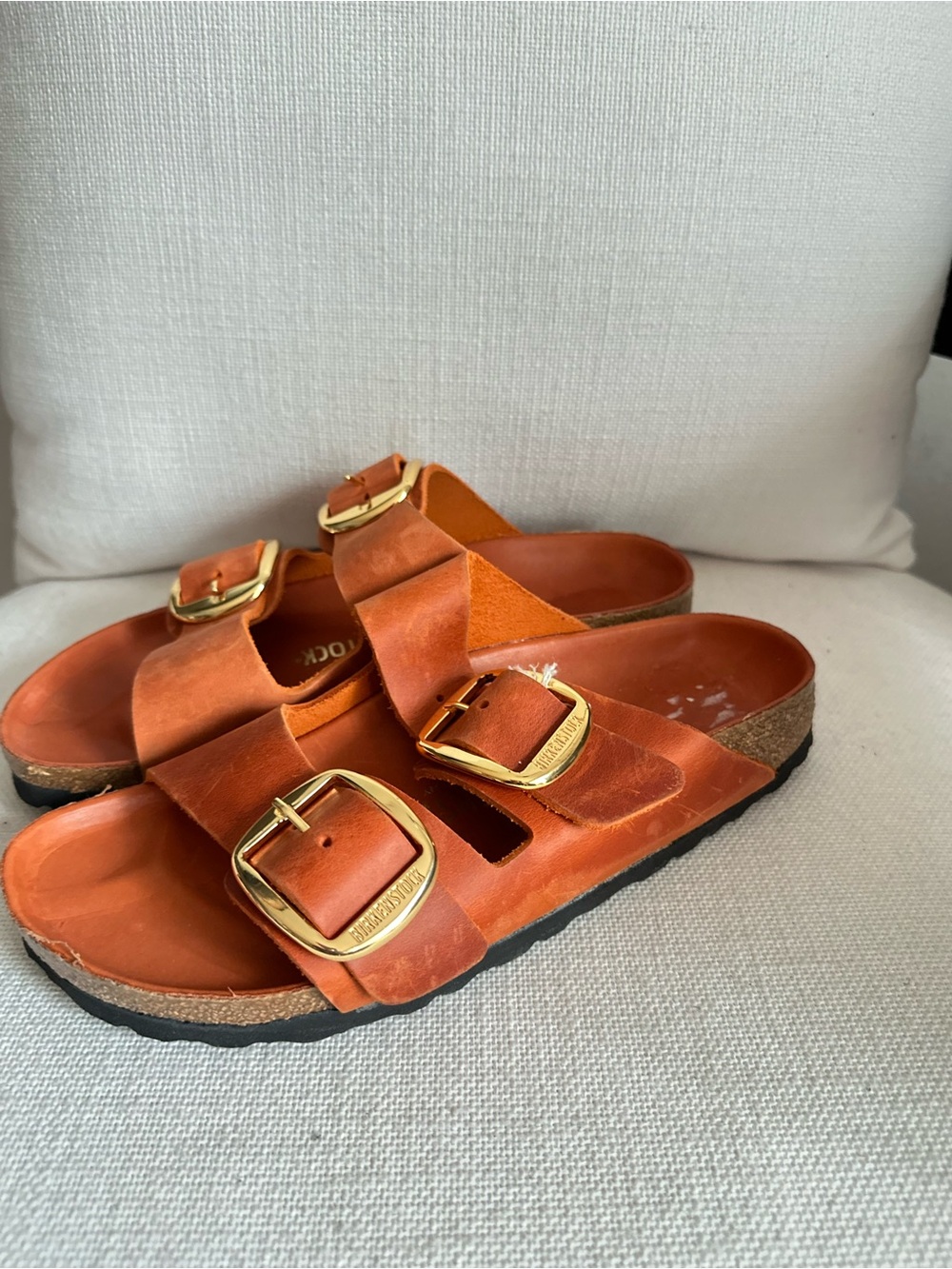 Birkenstock Orange Leather Two-Buckle Sandals with Gold Buckles - Picture 3 of 5
